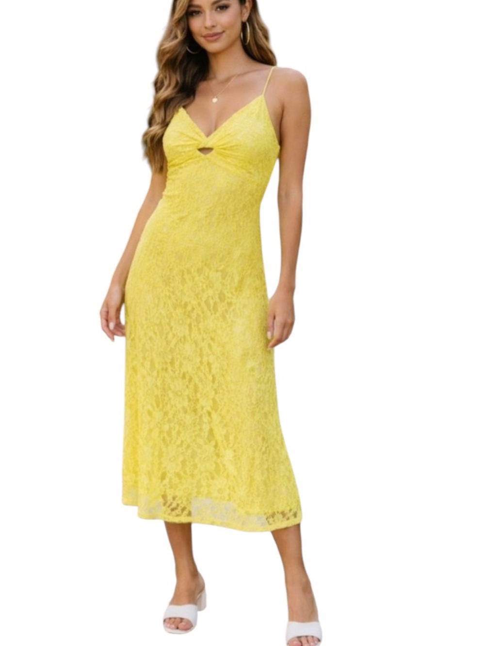 Nordstrom NSR Dress Womens Size S Yellow Floral Twist Front Keyhole Lace Halter